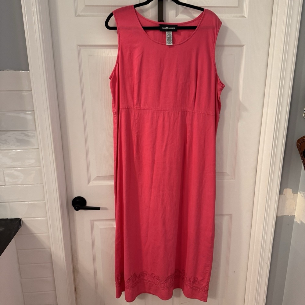 Sag Harbor Pink Linen Blend‎ Maxi Dress Women Sz L Embroidered Floral Sleeveless